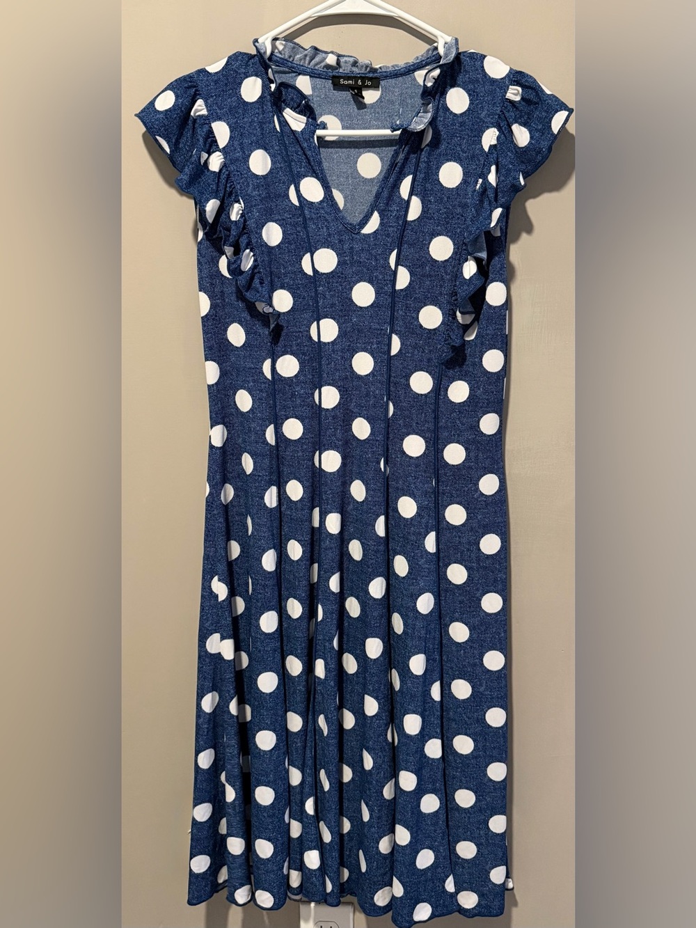 Sami & jo Navy Blue Polka Dot Dress with Ruffle Sleeves size small
